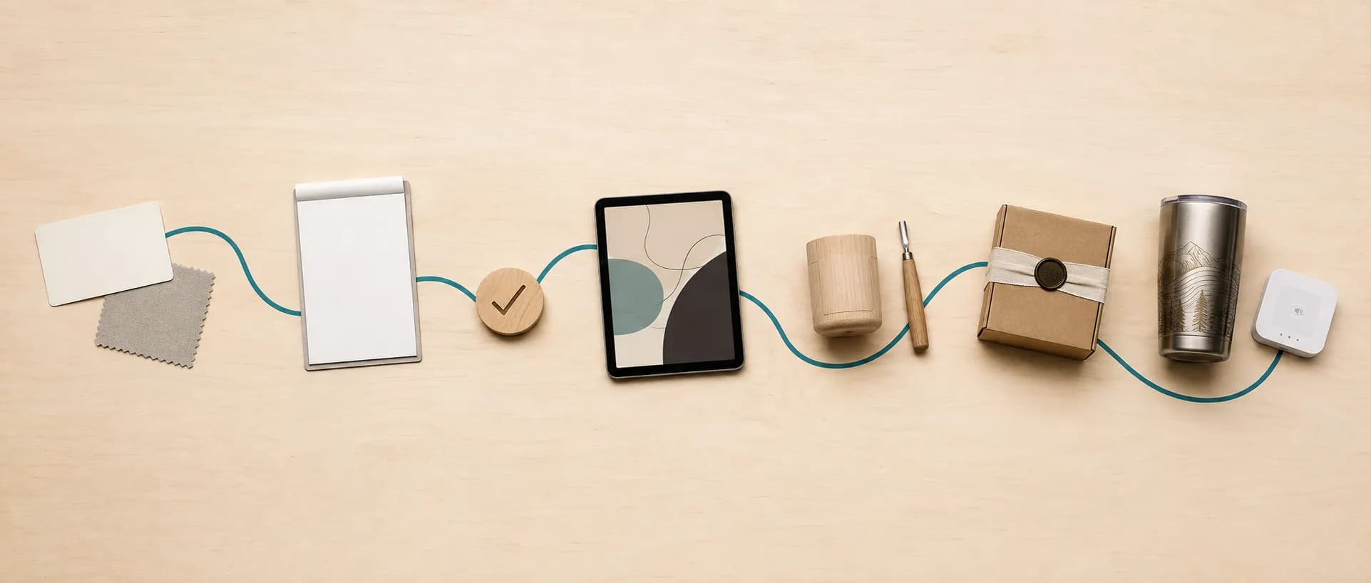 The life of one custom order laid out on a bench: a material swatch, the quote pad, an approved proof on a tablet, the blank and the tool, the wrapped box, the finished tumbler, and the card reader, joined by a single line