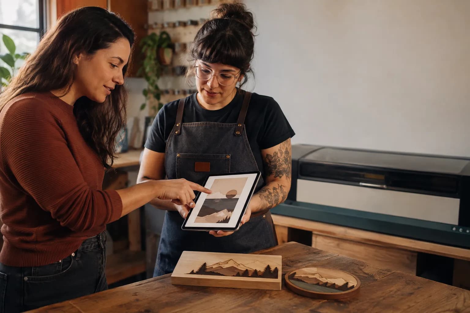 A maker shows a customer the design proof on a tablet, with the finished engraved pieces on the bench
