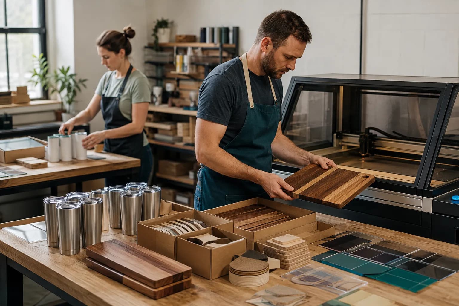 Two makers at work in a shop: stainless tumblers, walnut cutting boards, sample swatches, and a laser engraver